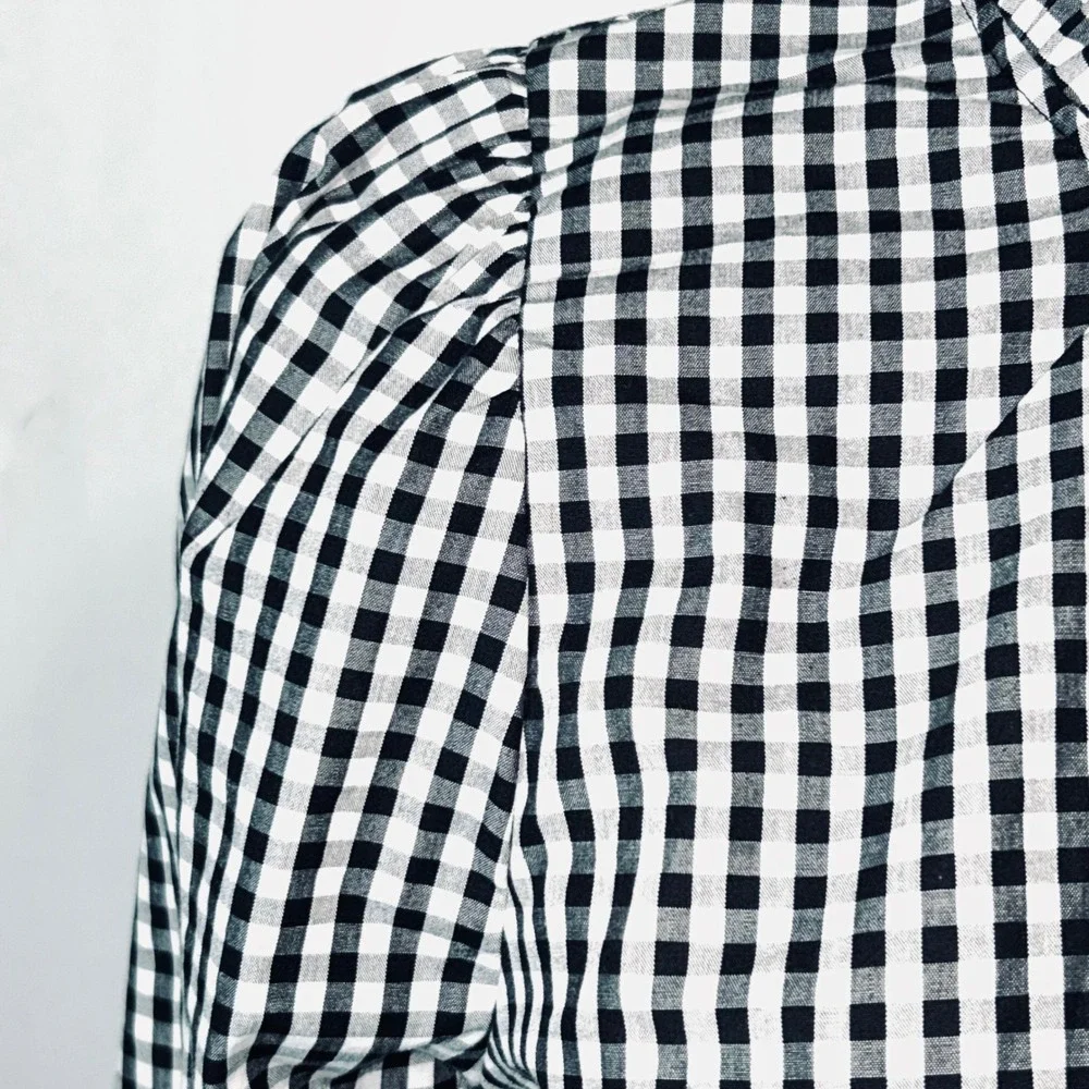Zara Black and White Gingham Plaid Ruffle Neck Smocked‎ Cuff Blouse Small